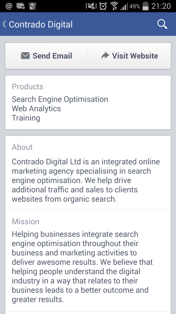 Contrado Digital Facebook page as viewed from a native mobile application on phone