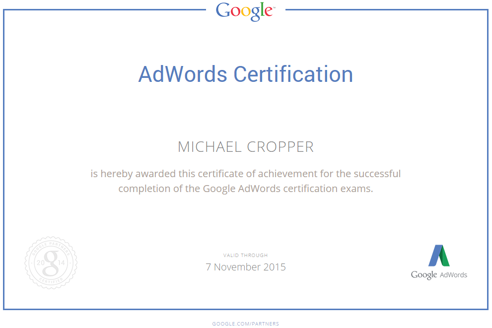 Michael Cropper AdWords Qualification Certificate November 2014