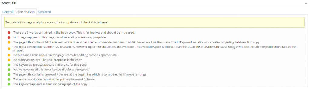 Yoast SEO Page Settings Page Anaysis Tab