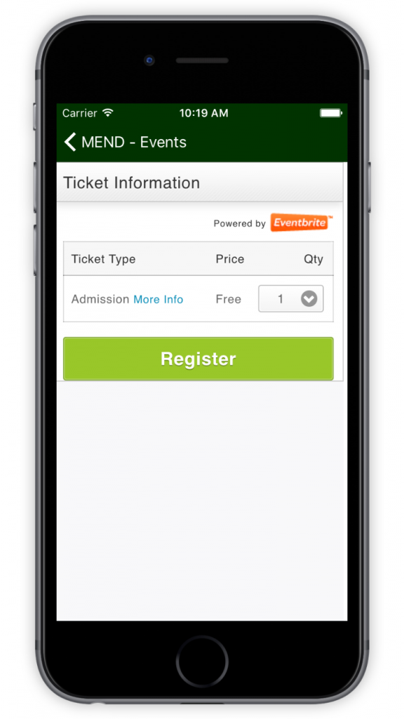 MEND Book Ticket to Event Screen