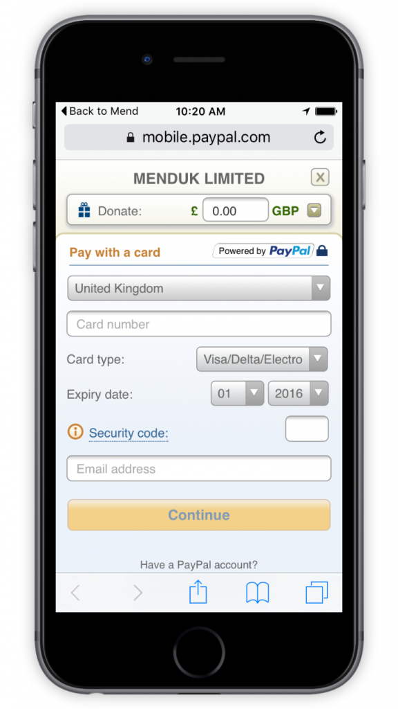 MEND PayPal Pay by Card Screen