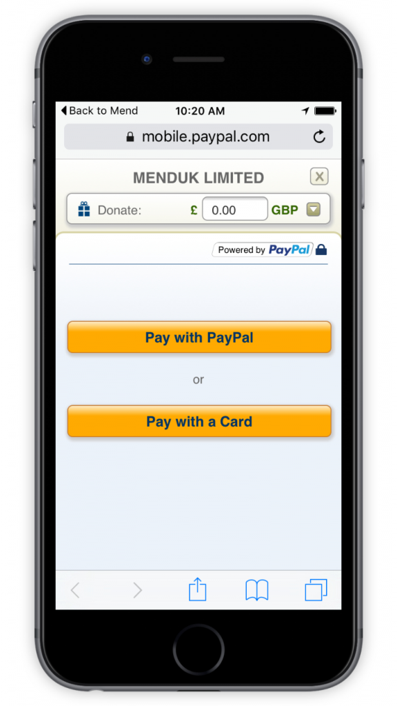 MEND PayPal Screen