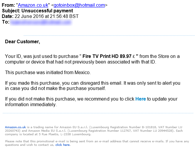 Phishing Amazon Email for Fire TV Order