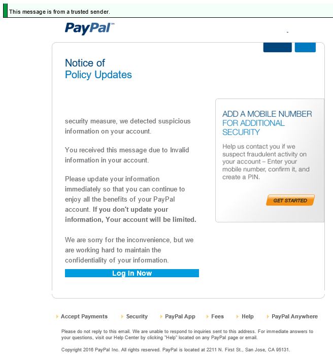 Phishing Email Appearing to be from PayPal