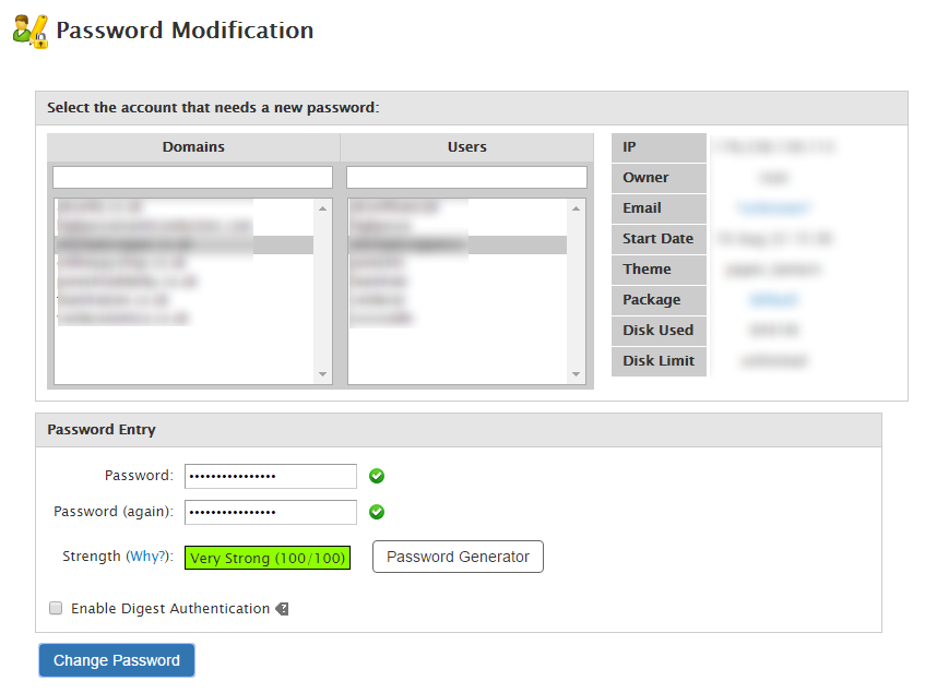 Update cPanel account password for new account